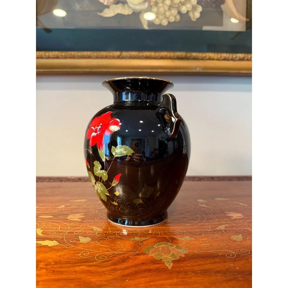 Vintage Japanese Black Ceramic Vase Hummingbird & Red‎ Blossom Motif